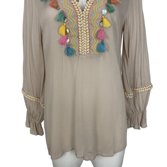 Soft Surroundings Clementine Tunic Top S Natural Embroidered Tassels Coastal - Picture 9 of 12